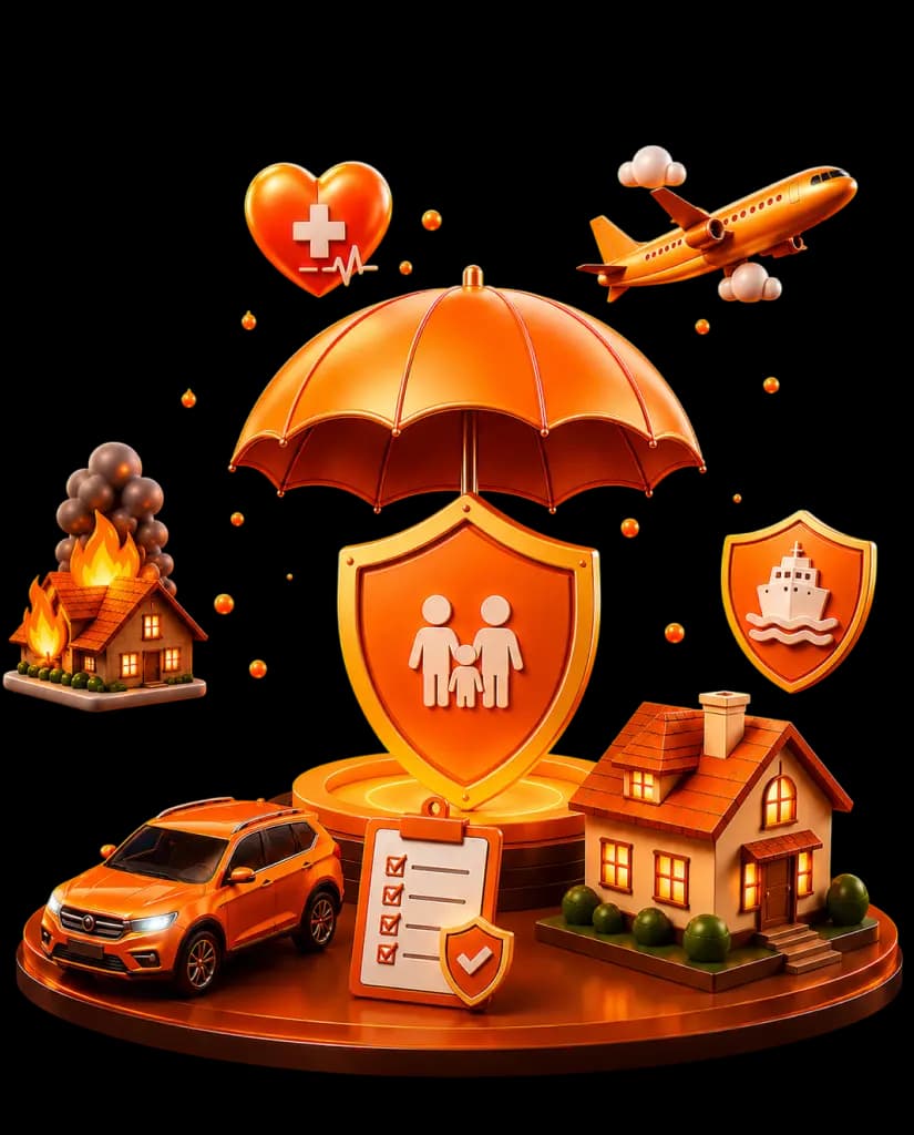 Illustration of insurance protecting a family and home.